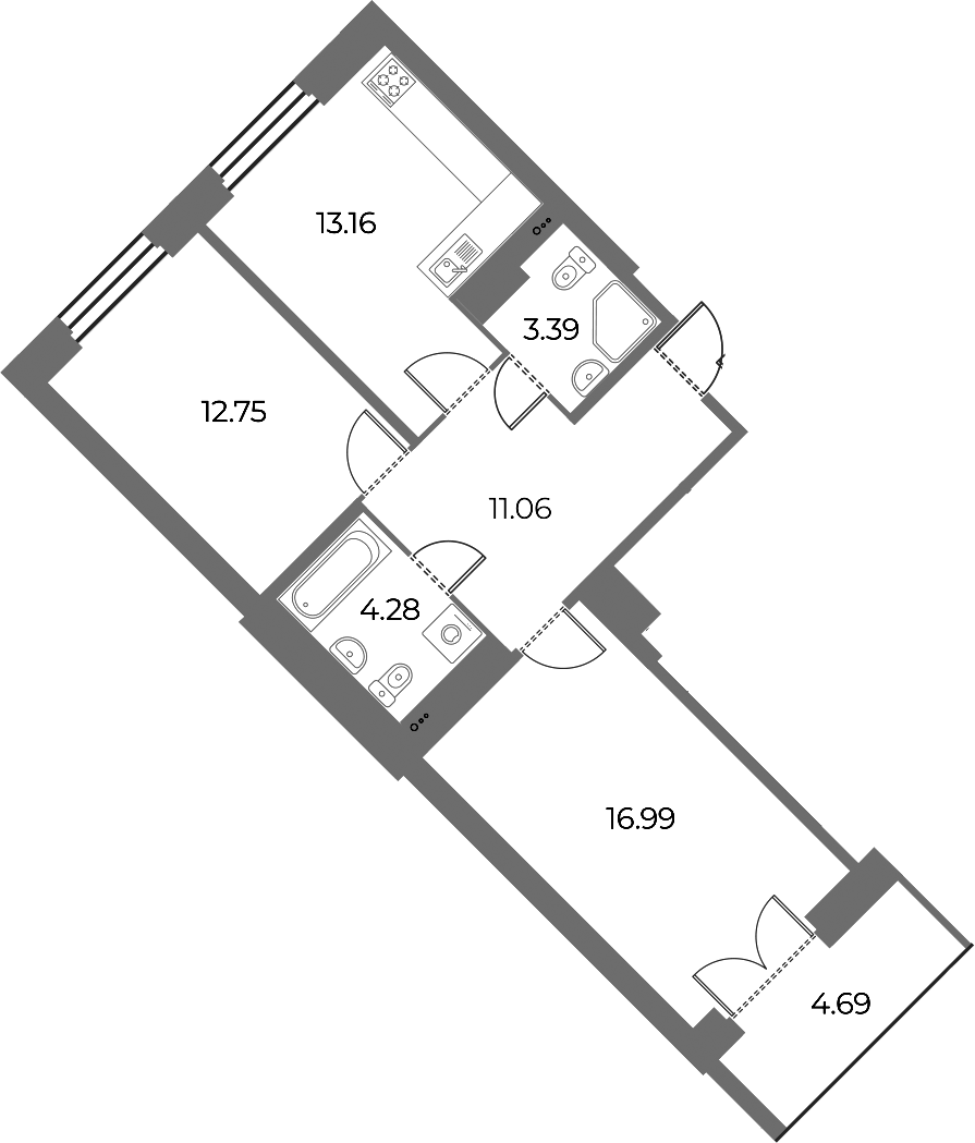 2-комнатная квартира 64.08 м², 16/18 эт., ЖК «Огни Залива»